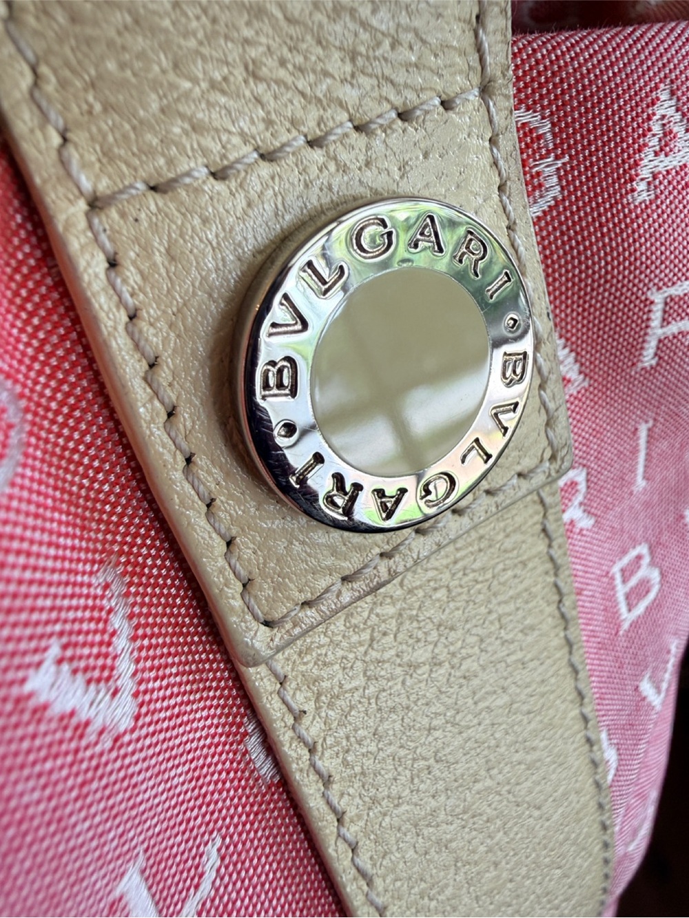 BVLGARI Bulgari Logomania Pink Canvas Tote with Cream Straps - Picture 9 of 15